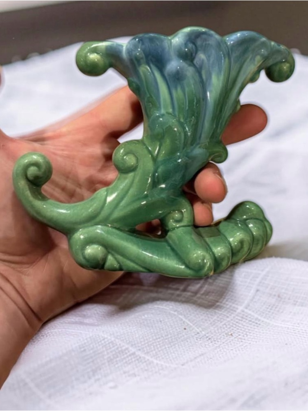 Vintage Green Glazed Ceramic Cornucopia Vase